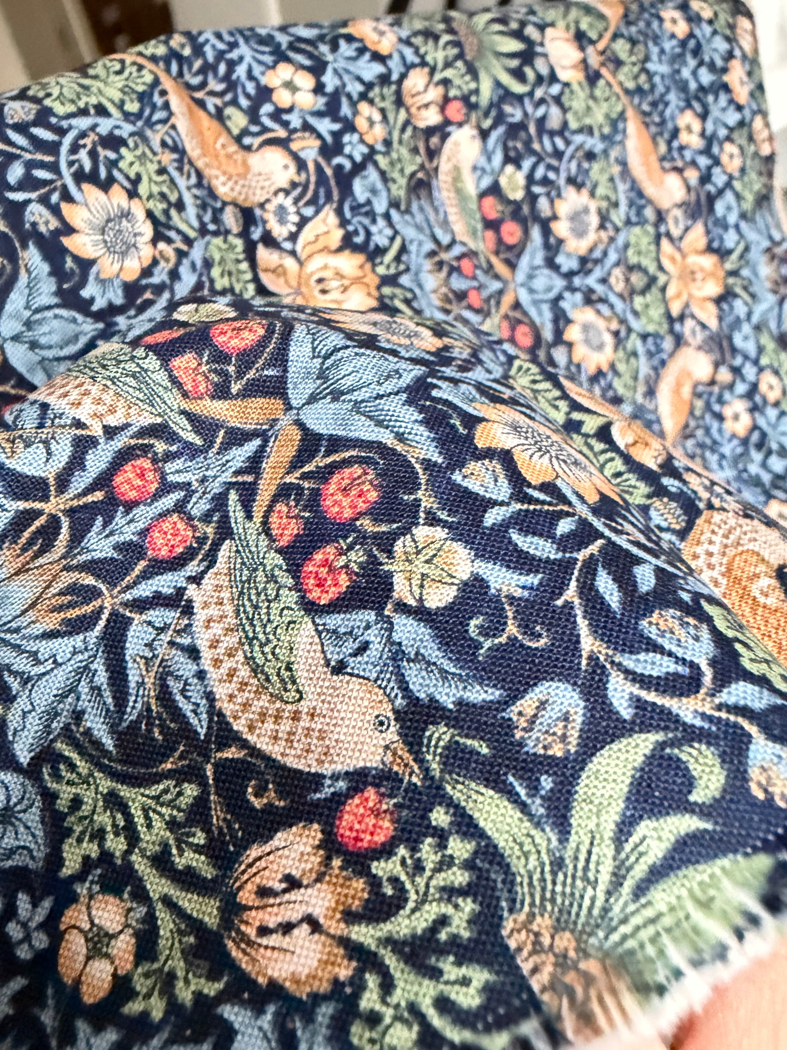 William Morris Florals- 44” Wide Cotton Fabric- “Mini Strawberry Thief Navy