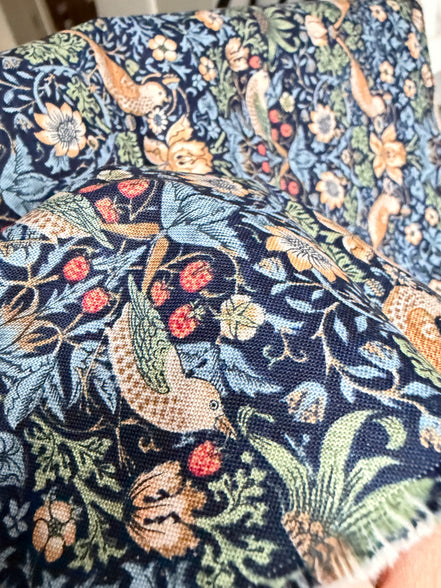 William Morris Florals- 44” Wide Cotton Fabric- “Mini Strawberry Thief Navy"