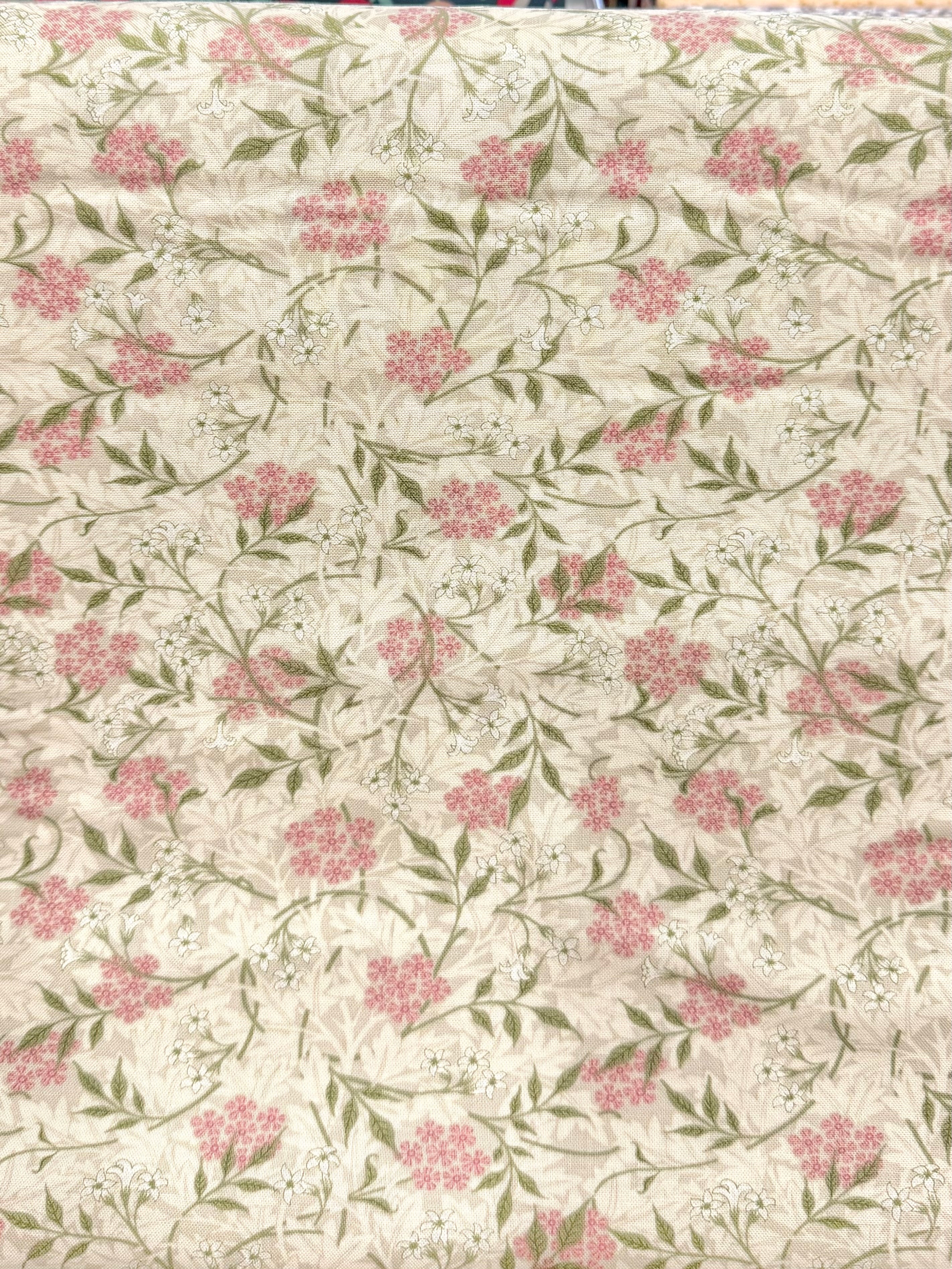 William Morris Floral- 44” Wide Cotton Fabric- “Jasmine Blush” Light Beige Background