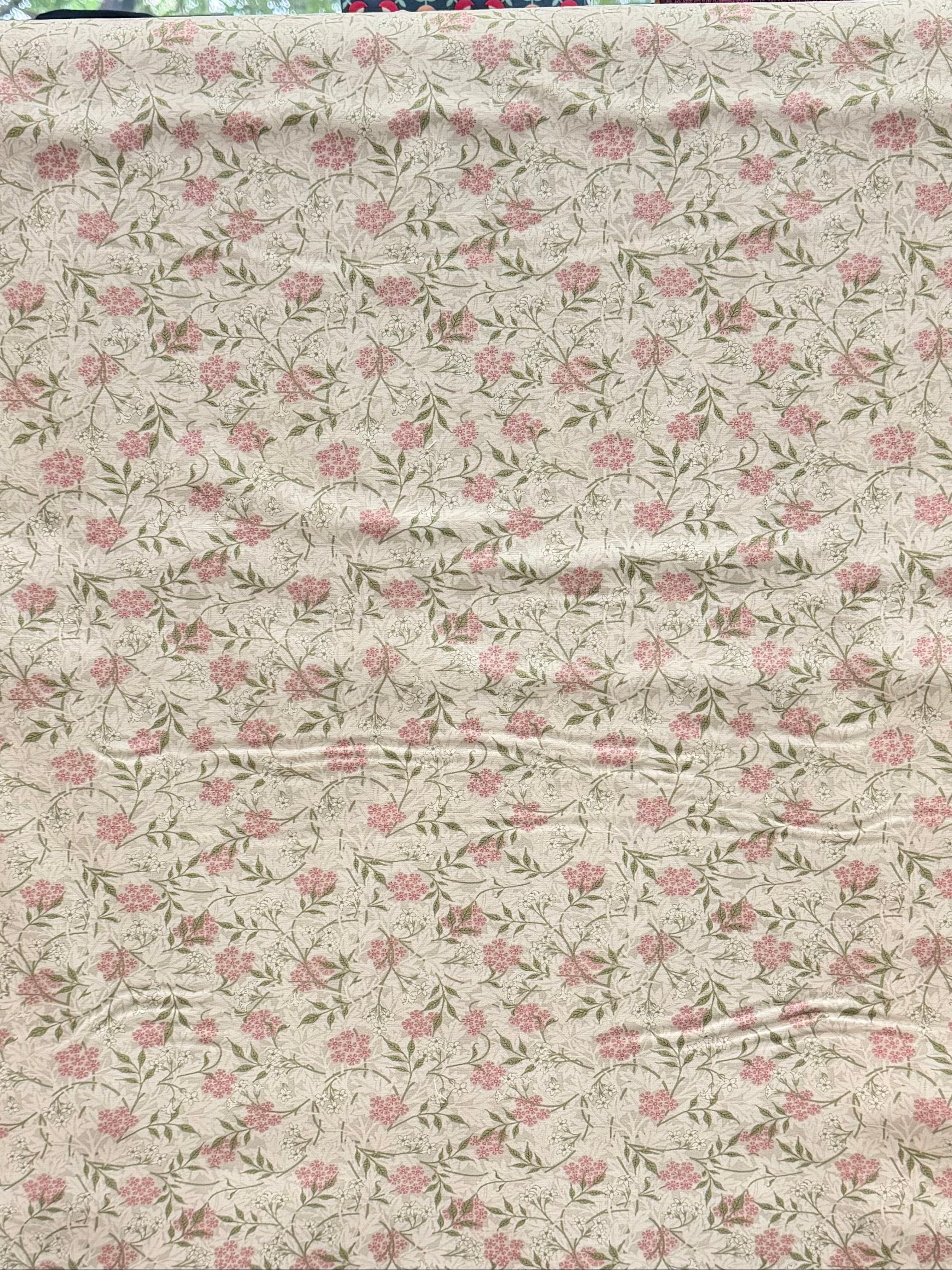William Morris Floral- 44” Wide Cotton Fabric- “Jasmine Blush” Light Beige Background