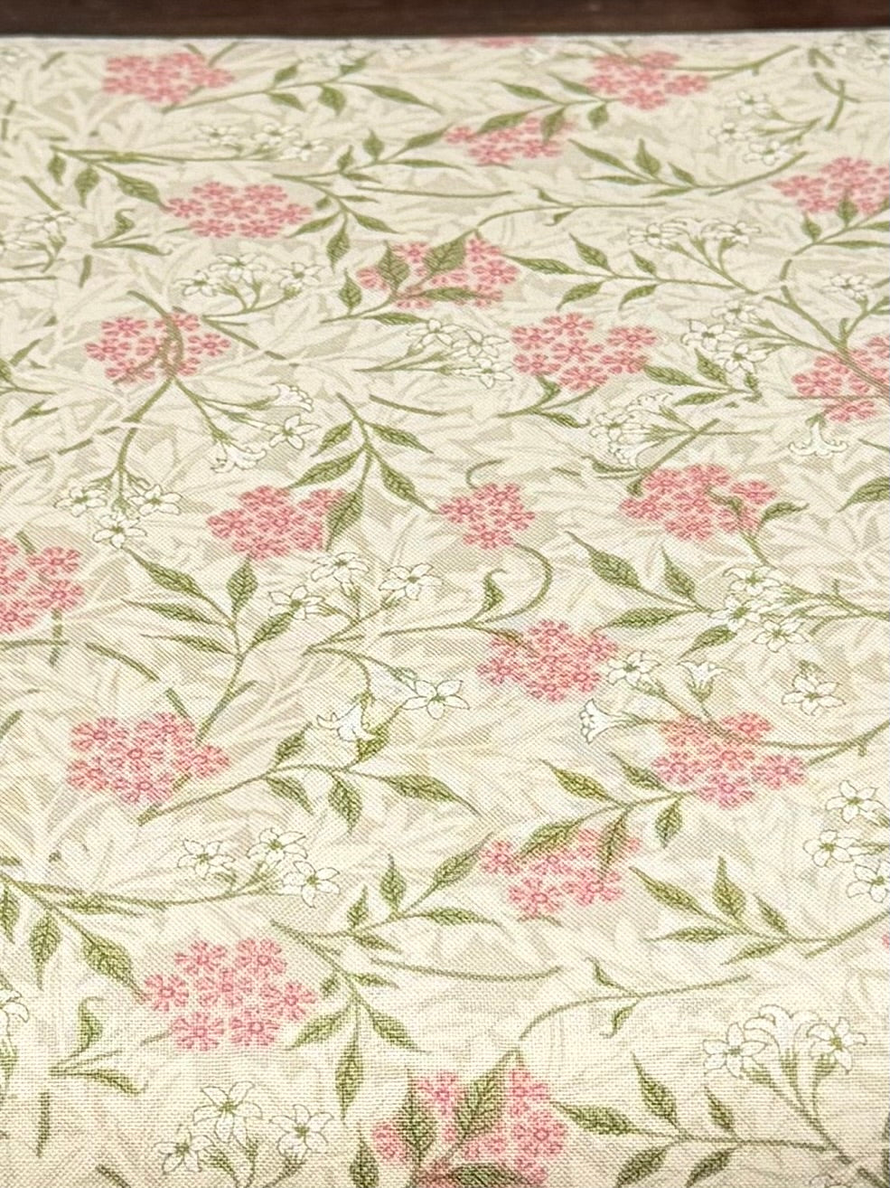 William Morris Floral- 44” Wide Cotton Fabric- “Jasmine Blush” Light Beige Background
