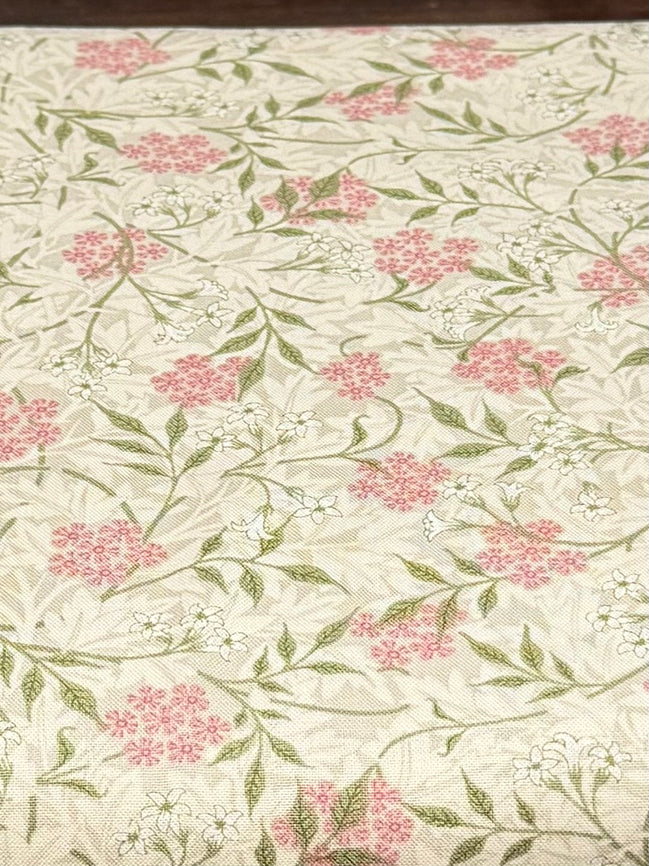 William Morris Floral- 44” Wide Cotton Fabric- “Jasmine Blush” Light Beige Background