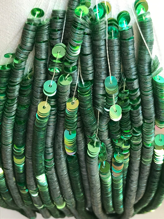 Meadow Green Metallic Iridescent Sequins Flat 3MM (14305), 4MM (1408), or Cups 4MM (14304)- High Grade- Strung For Professional Use