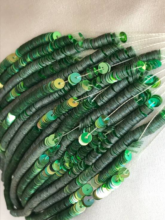 Meadow Green Metallic Iridescent Sequins Flat 3MM (14305), 4MM (1408), or Cups 4MM (14304)- High Grade- Strung For Professional Use