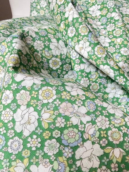 Flownny 100% Cotton Fabric - Lawn- Green, White Floral- 43" Gardenias