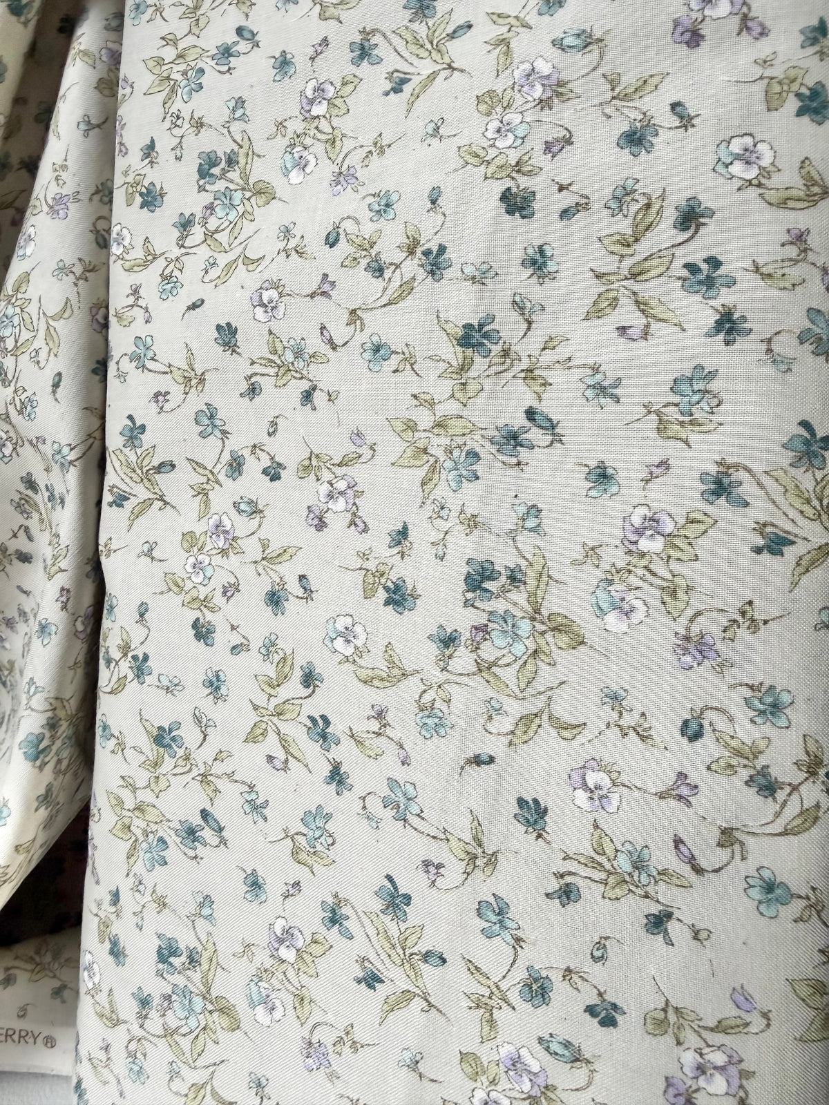 Nostalgia- Purple, Blue Teal on Light Gray- Violets, Floral- 43” Wide- Cotton Fabric- Sevenberry