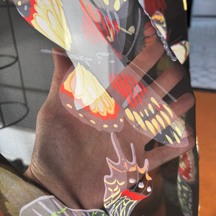 Colorful Butterflies on Black Silk Crepe Georgette, 44" Wide