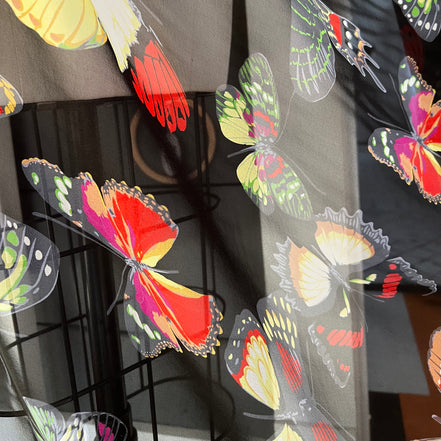 Colorful Butterflies on Black Silk Crepe Georgette, 44" Wide