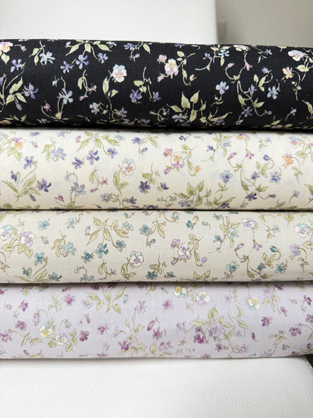 Nostalgia- Purple, Blue Teal on Black- Violets, Floral- 43” Wide- Cotton Fabric- Sevenberry