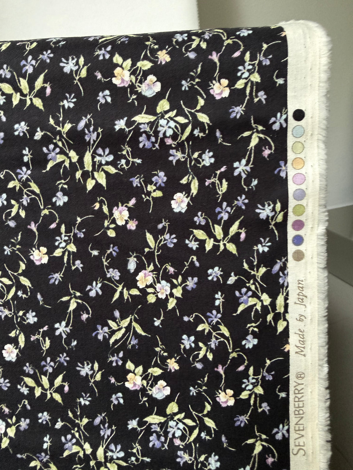 Nostalgia- Purple, Blue Teal on Black- Violets, Floral- 43” Wide- Cotton Fabric- Sevenberry