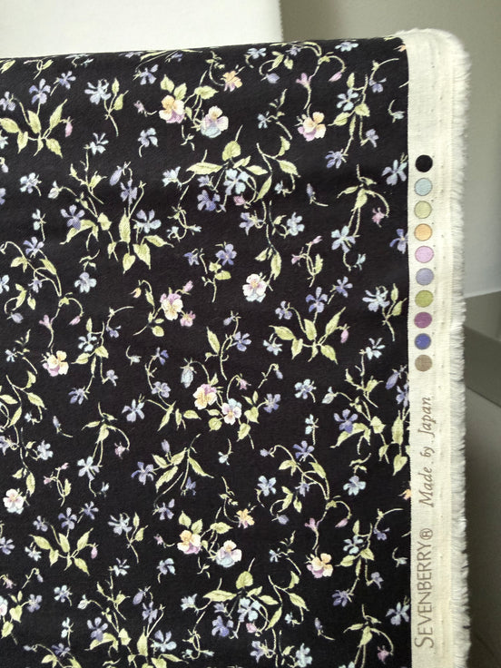 Nostalgia- Purple, Blue Teal on Black- Violets, Floral- 43” Wide- Cotton Fabric- Sevenberry