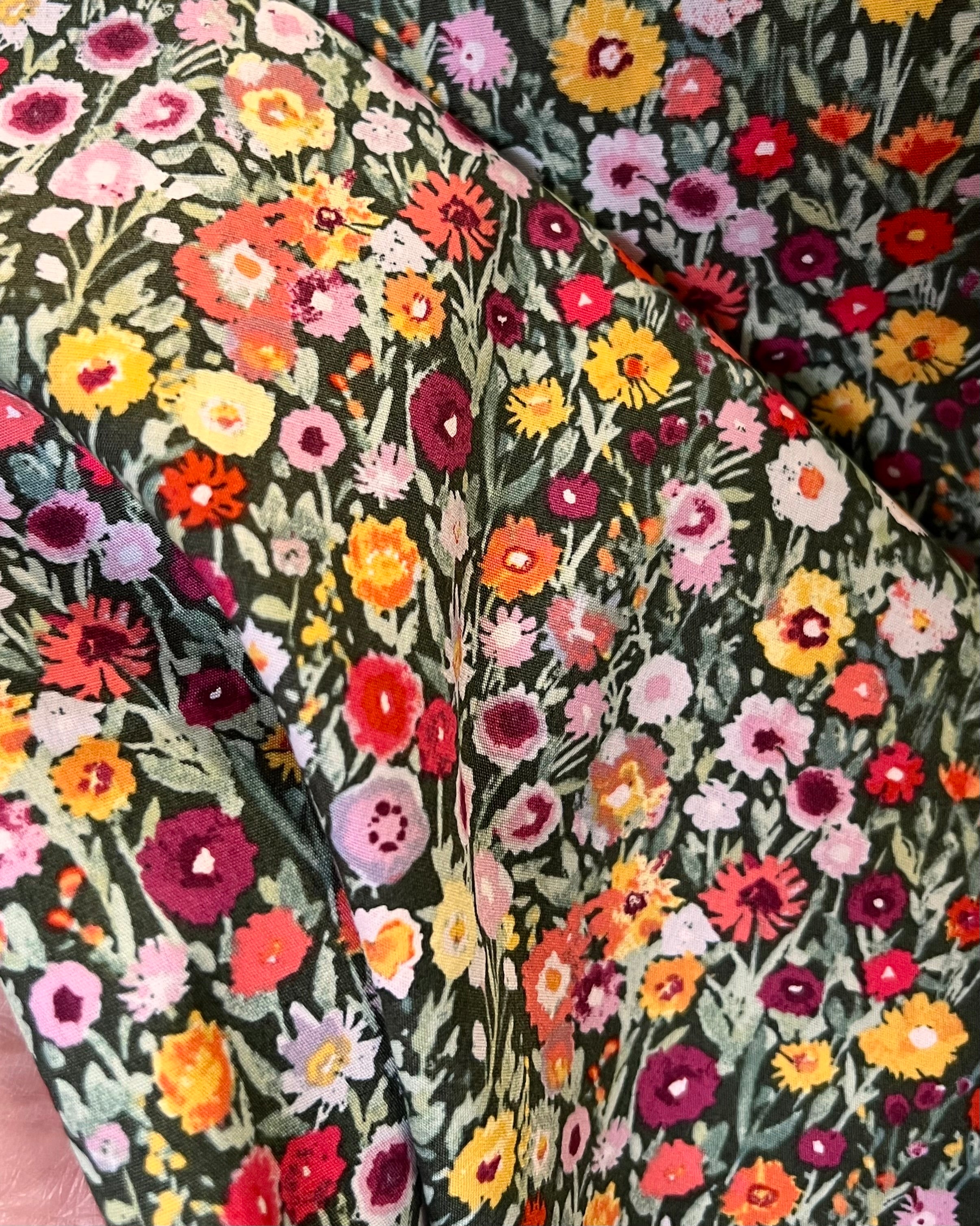 Orange, Red, Burgundy, Yellow, Lilac Floral Cotton Fabric- “Blooming Prairie Allium”- Art Gallery- 44