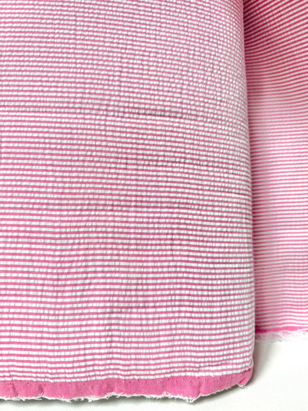 Hot Pink and White Seersucker Stripe- 57” Wide- Cotton Poly Blend