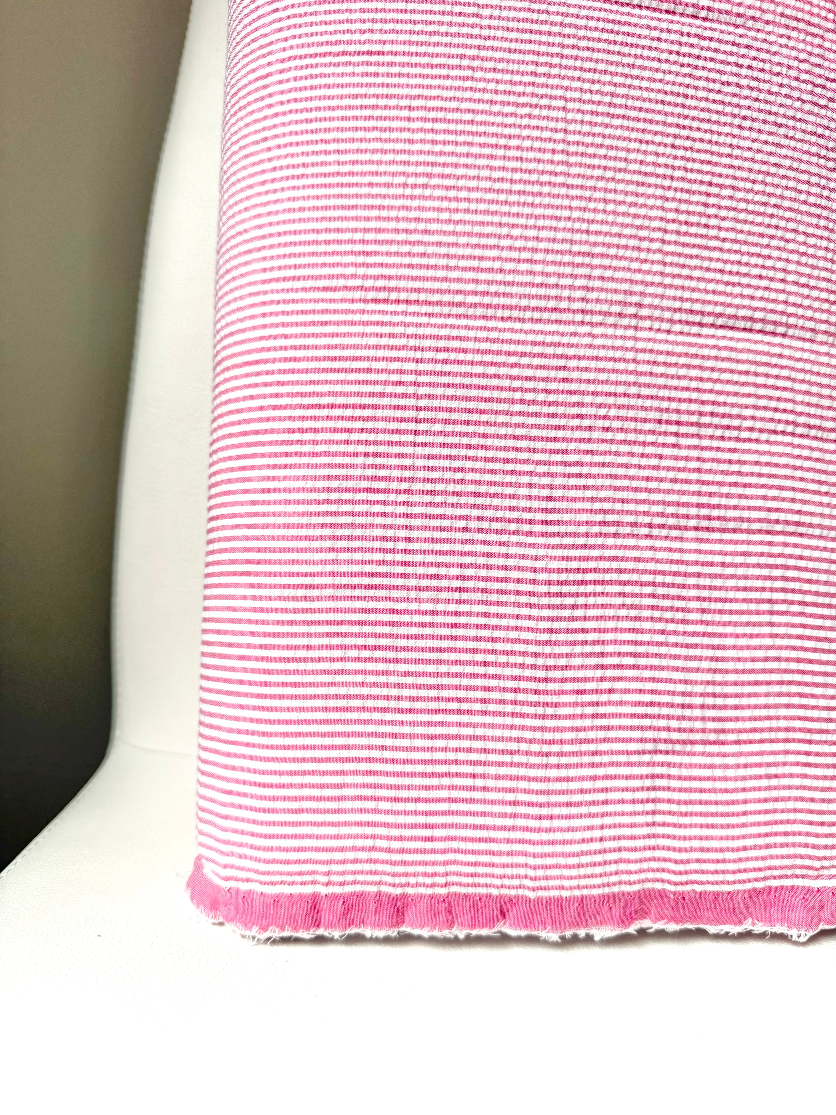 Hot Pink and White Seersucker Stripe- 57” Wide- Cotton Poly Blend