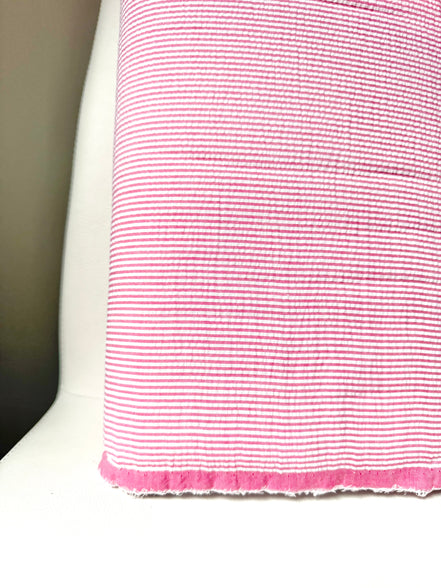 Hot Pink and White Seersucker Stripe- 57” Wide- Cotton Poly Blend