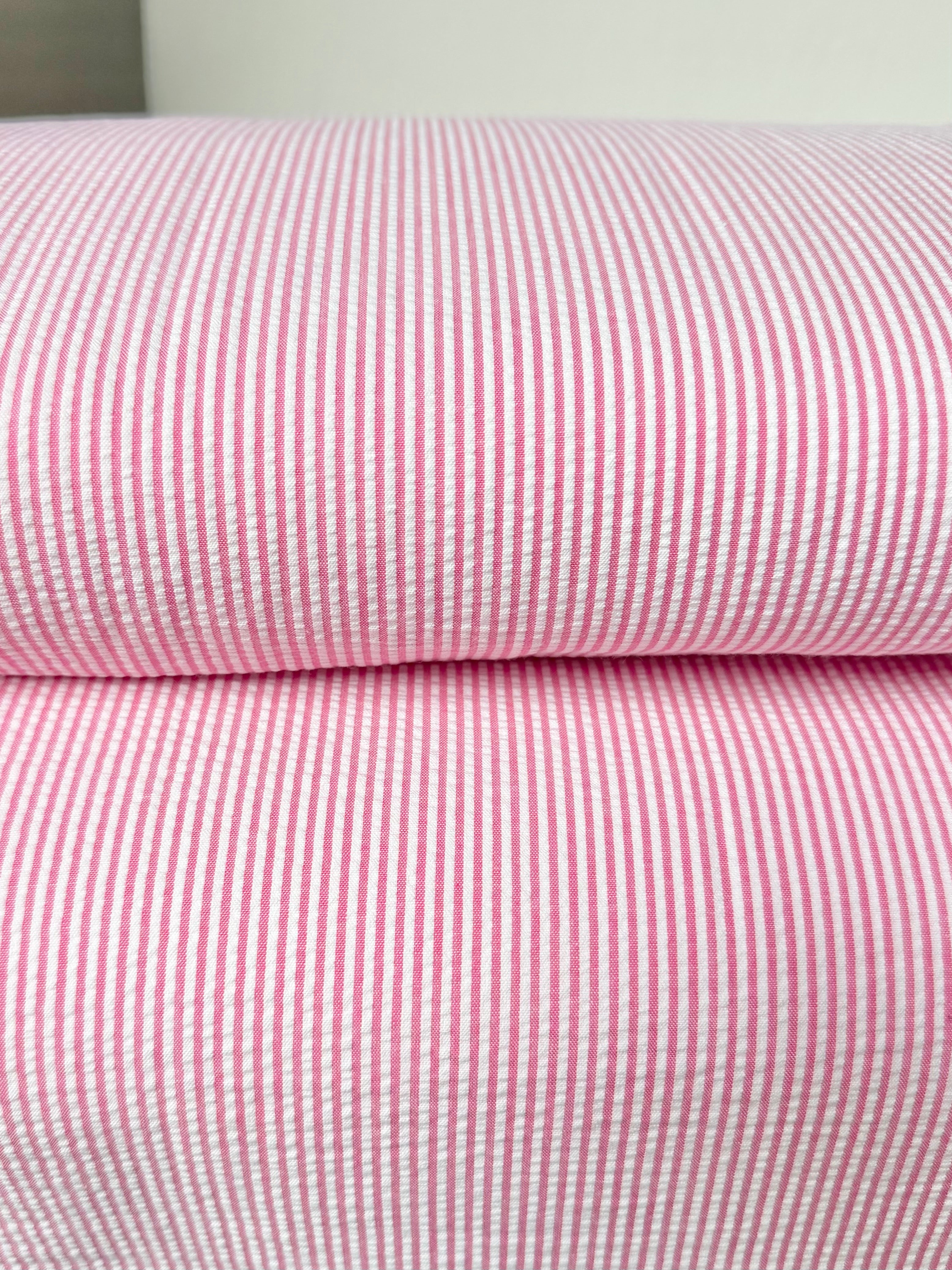 Hot Pink and White Seersucker Stripe- 57” Wide- Cotton Poly Blend