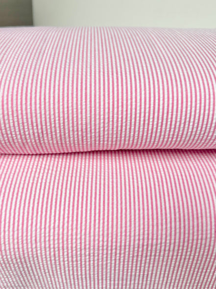 Hot Pink and White Seersucker Stripe- 57” Wide- Cotton Poly Blend