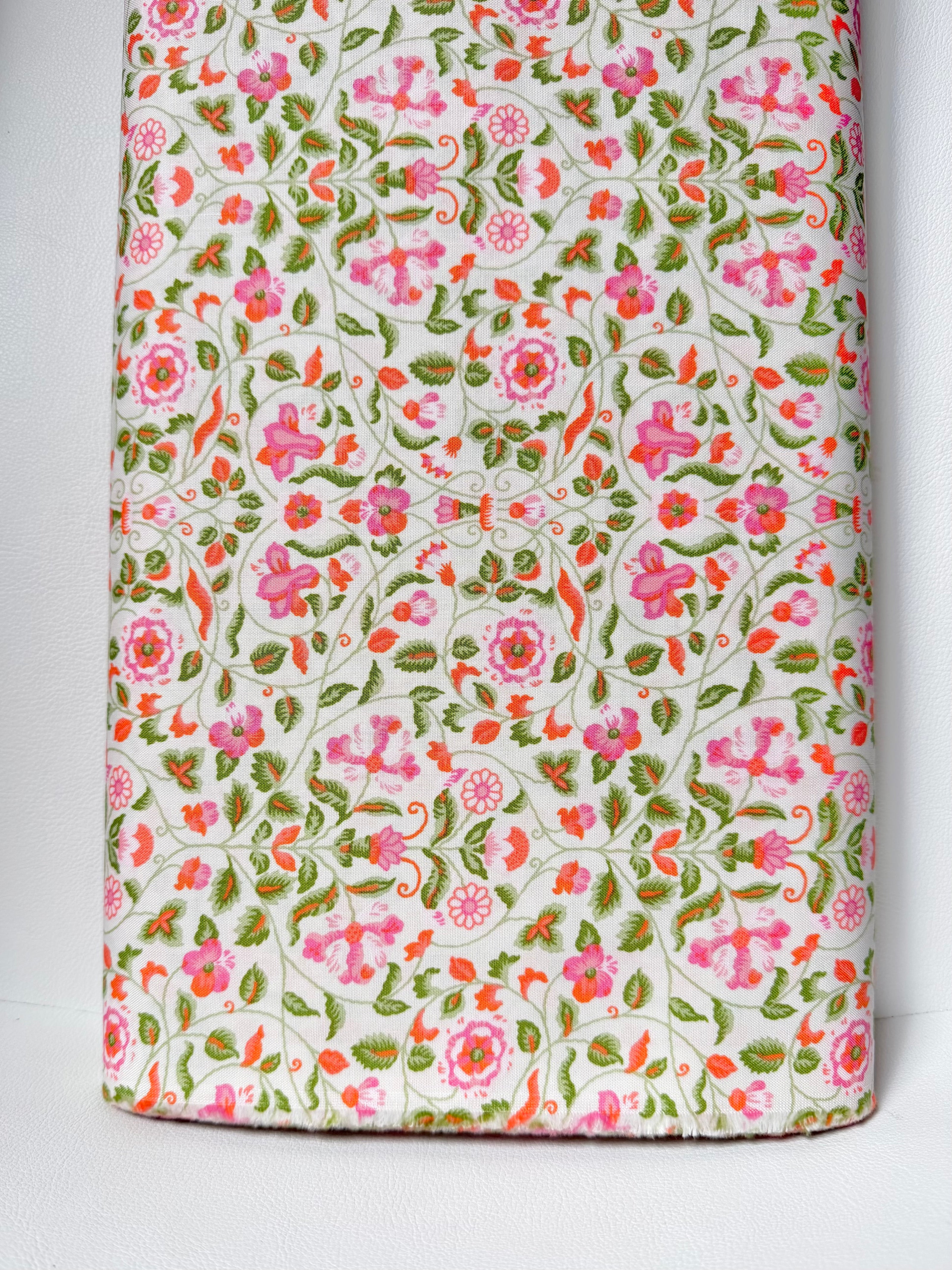 Dark Pink, Orange, Green Floral Print on Cream- Craft Garden Tapestry Trail A- Liberty Cotton- 44