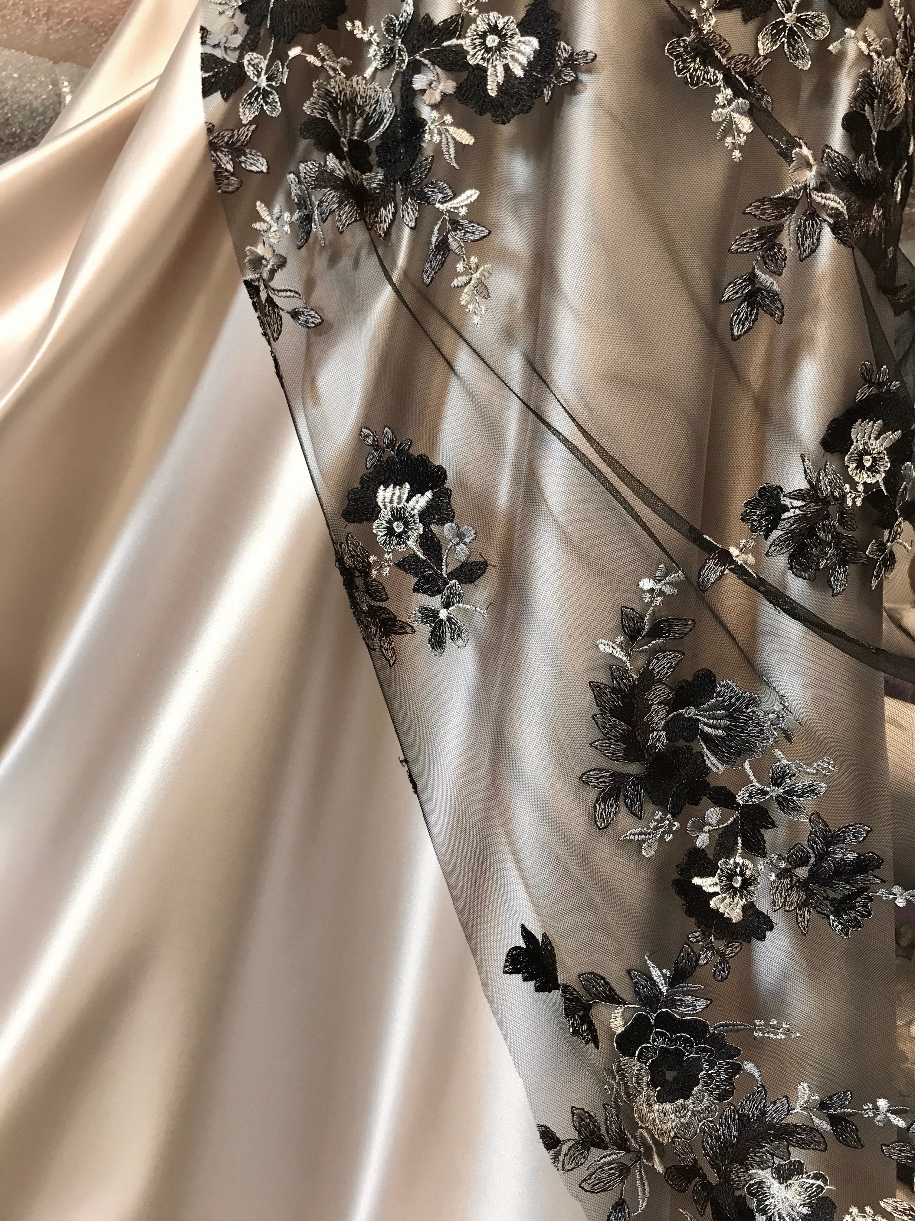 Black, Dark Eggplant, and Gray Embroidery on Tulle- 52” Wide (107)