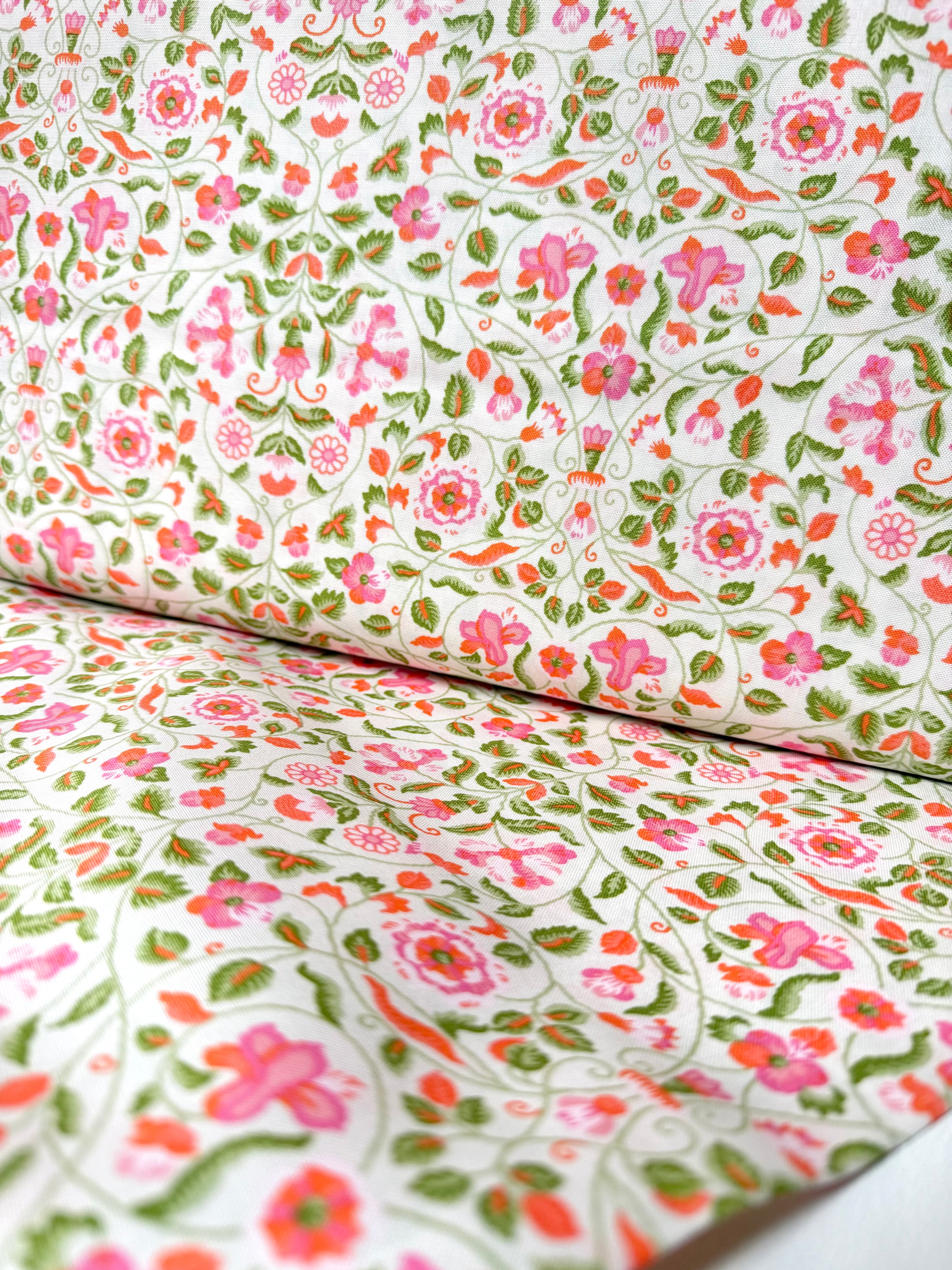 Dark Pink, Orange, Green Floral Print on Cream- Craft Garden Tapestry Trail A- Liberty Cotton- 44