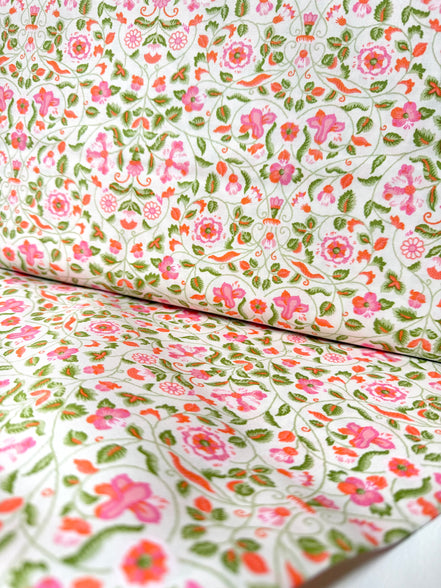 Dark Pink, Orange, Green Floral Print on Cream- Craft Garden Tapestry Trail A- Liberty Cotton- 44"