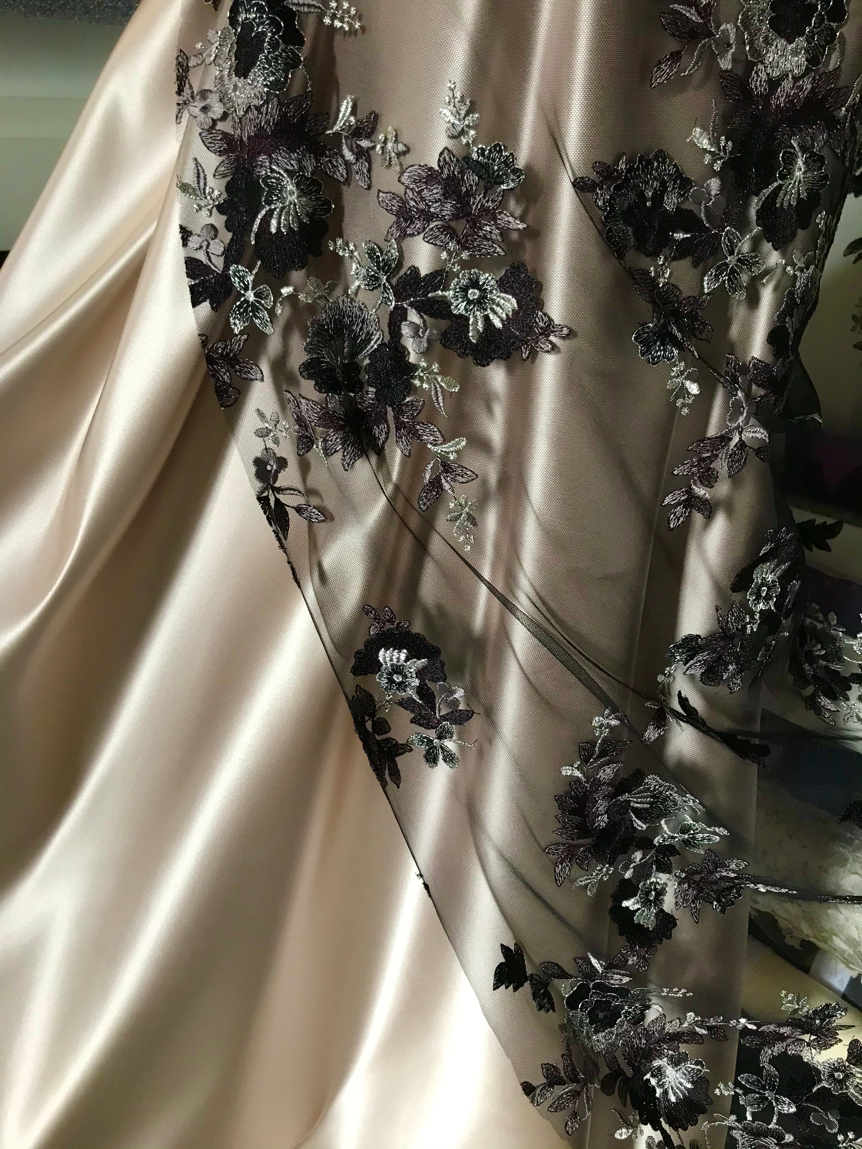 Black, Dark Eggplant, and Gray Embroidery on Tulle- 52” Wide (107)