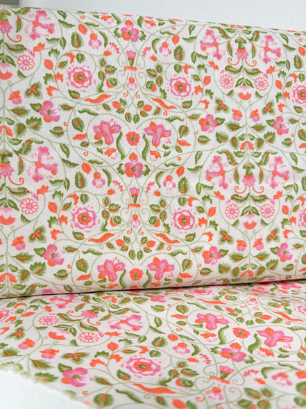 Dark Pink, Orange, Green Floral Print on Cream- Craft Garden Tapestry Trail A- Liberty Cotton- 44"