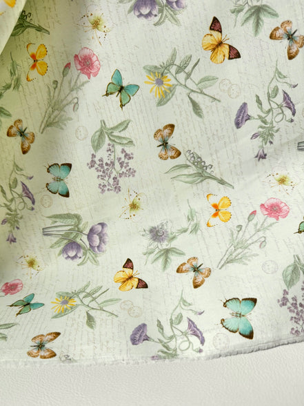 Butterflies, Florals "Flower Sprigs Tossed - PALE GREEN” 44” Wide Cotton Fabric