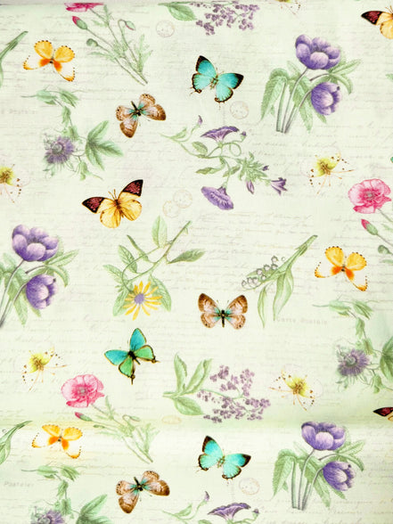 Butterflies, Florals "Flower Sprigs Tossed - PALE GREEN” 44” Wide Cotton Fabric
