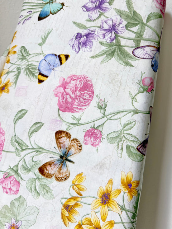 Butterflies, Florals "Large Floral - Cream” 44” Wide Cotton Fabric