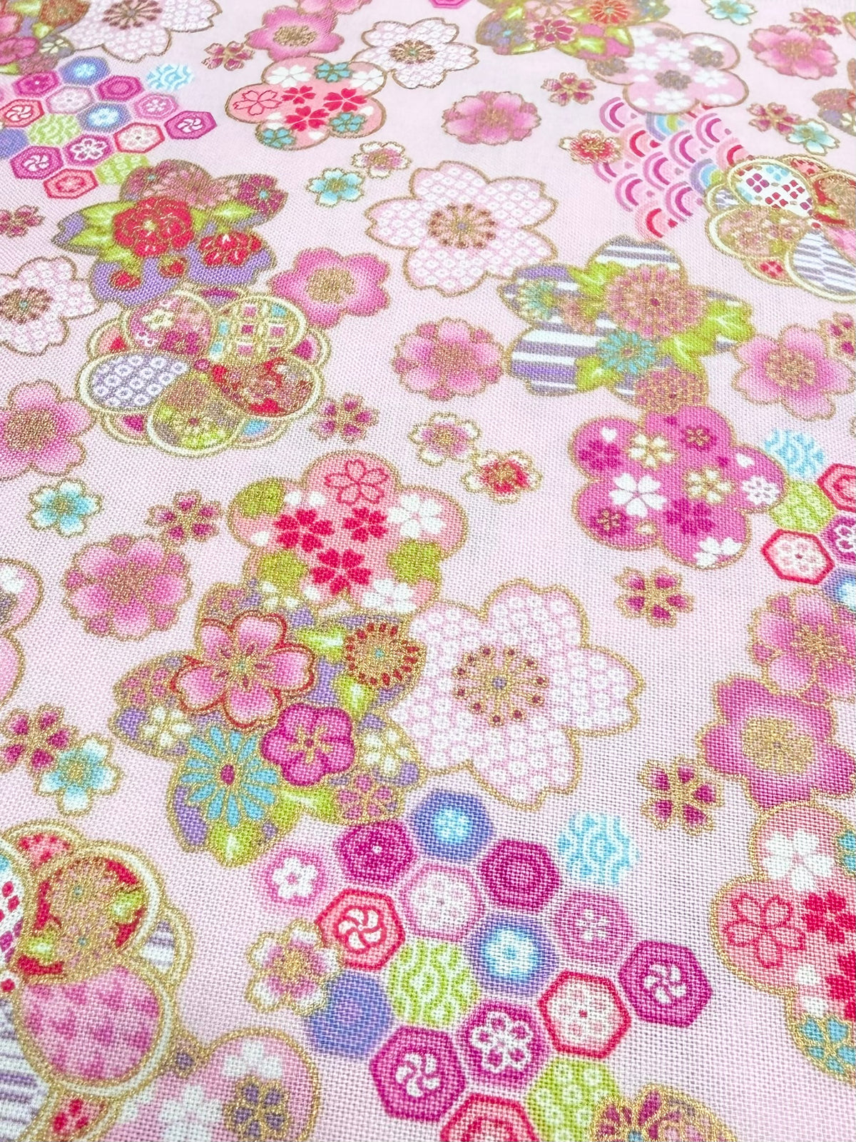 Cosmo Pink Flowers, Gold Metallic- 43” Wide Cotton Fabric- AP61106-1B