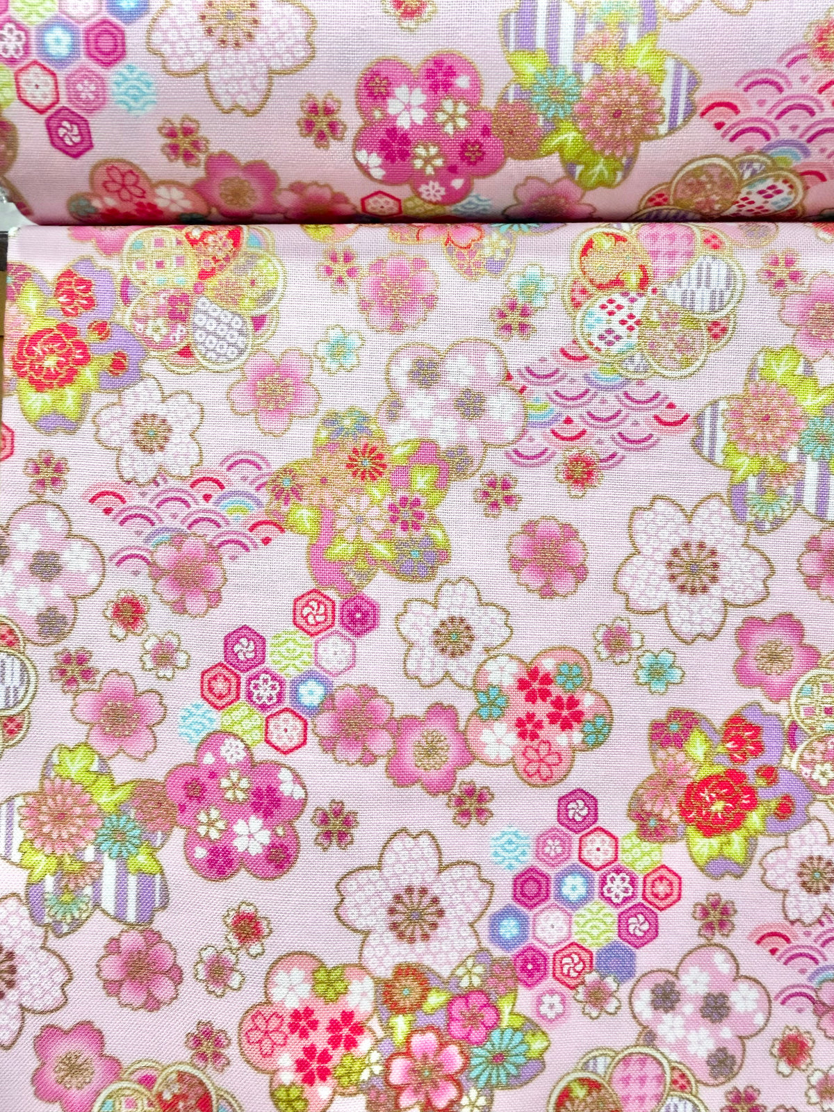 Cosmo Pink Flowers, Gold Metallic- 43” Wide Cotton Fabric- AP61106-1B