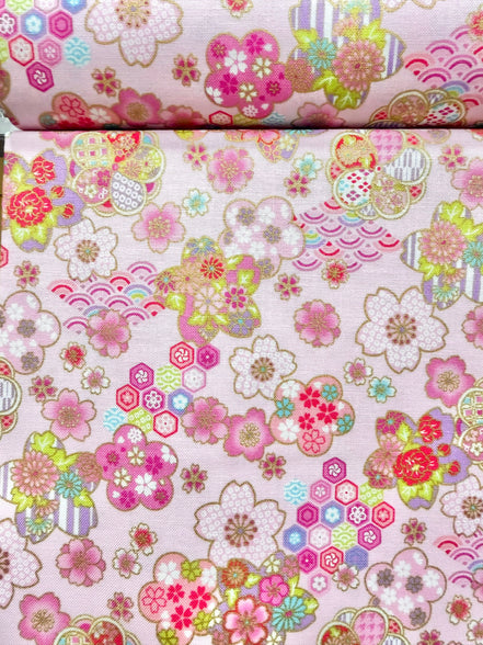 Cosmo Pink Flowers, Gold Metallic- 43” Wide Cotton Fabric- AP61106-1B