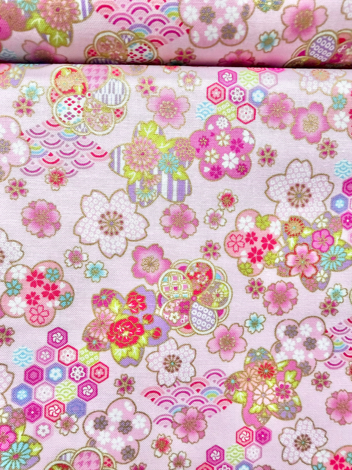 Cosmo Pink Flowers, Gold Metallic- 43” Wide Cotton Fabric- AP61106-1B