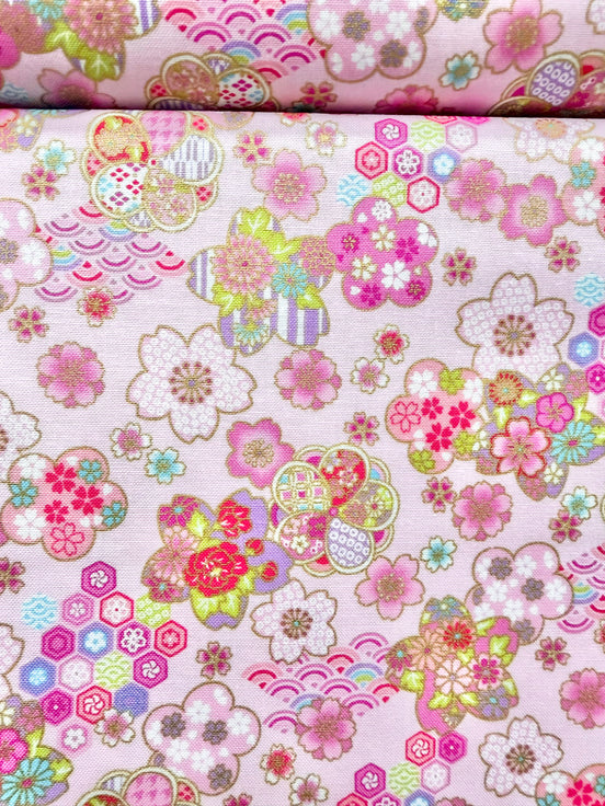 Cosmo Pink Flowers, Gold Metallic- 43” Wide Cotton Fabric- AP61106-1B