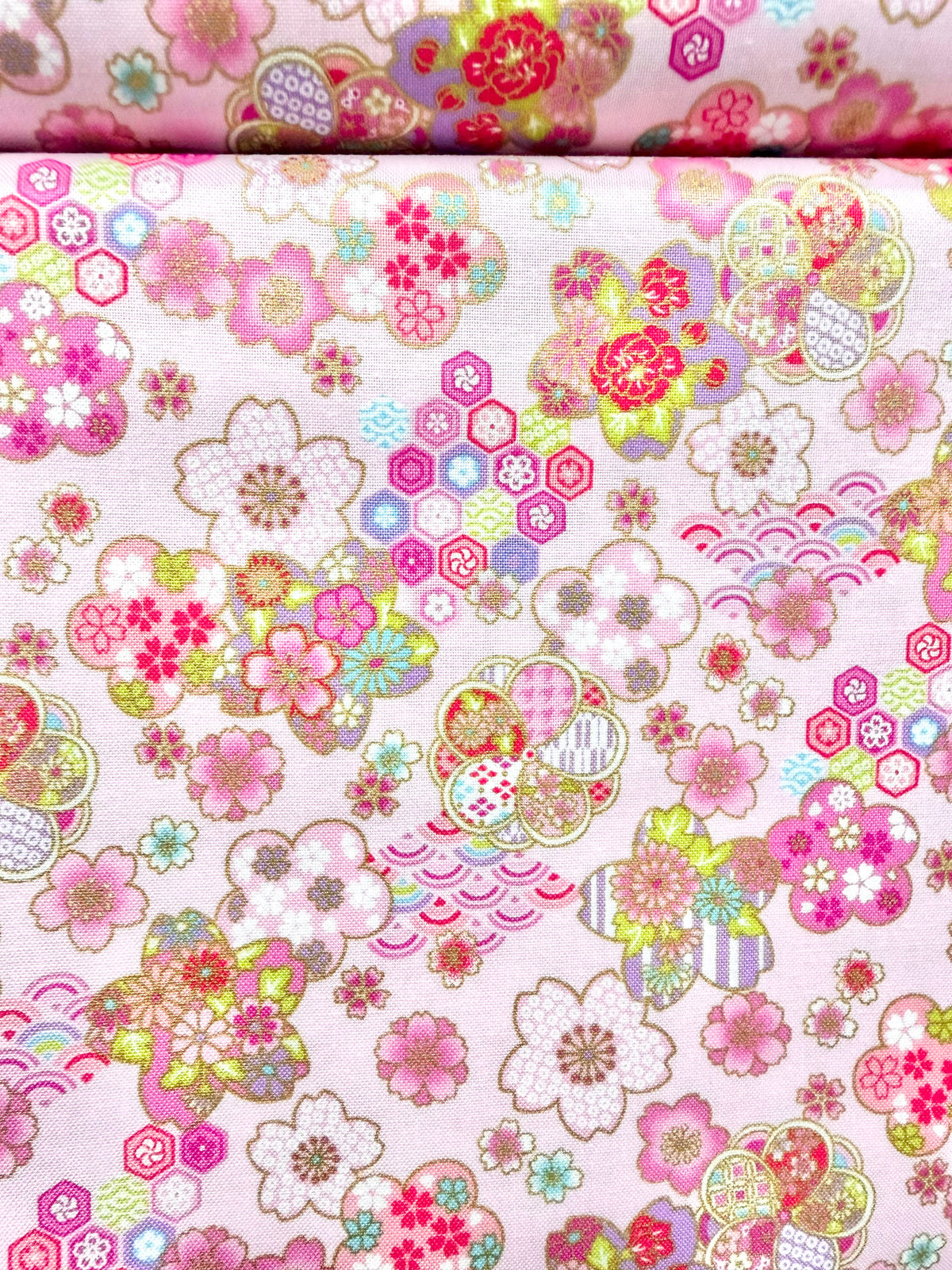 Cosmo Pink Flowers, Gold Metallic- 43” Wide Cotton Fabric- AP61106-1B