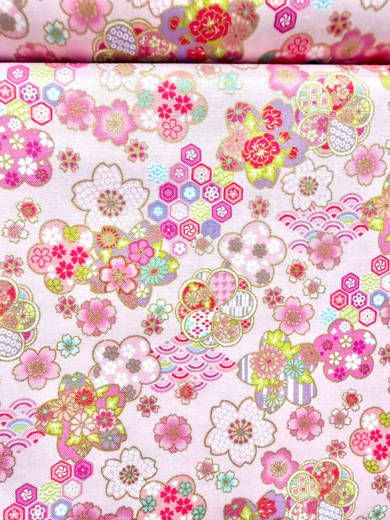 Cosmo Pink Flowers, Gold Metallic- 43” Wide Cotton Fabric- AP61106-1B