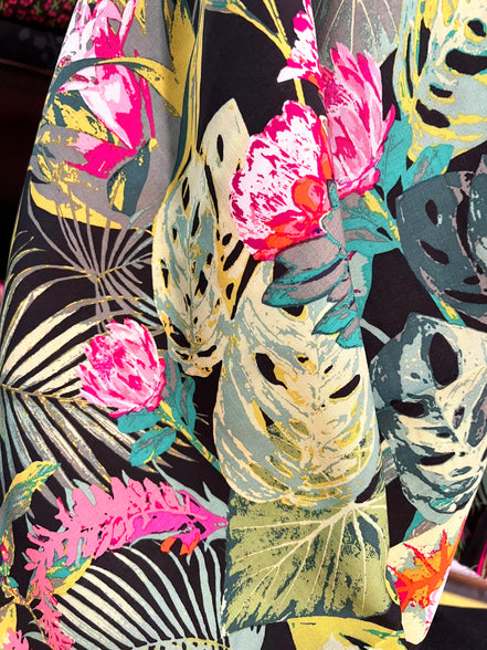 Botanical and Floral Print on Black "Tropicalia Dark" Rayon Challis Fabric- Art Gallery Fabrics- 56” Wide