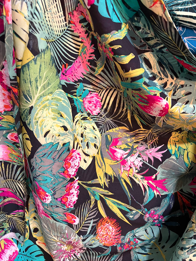 Botanical and Floral Print on Black "Tropicalia Dark" Rayon Challis Fabric- Art Gallery Fabrics- 56” Wide