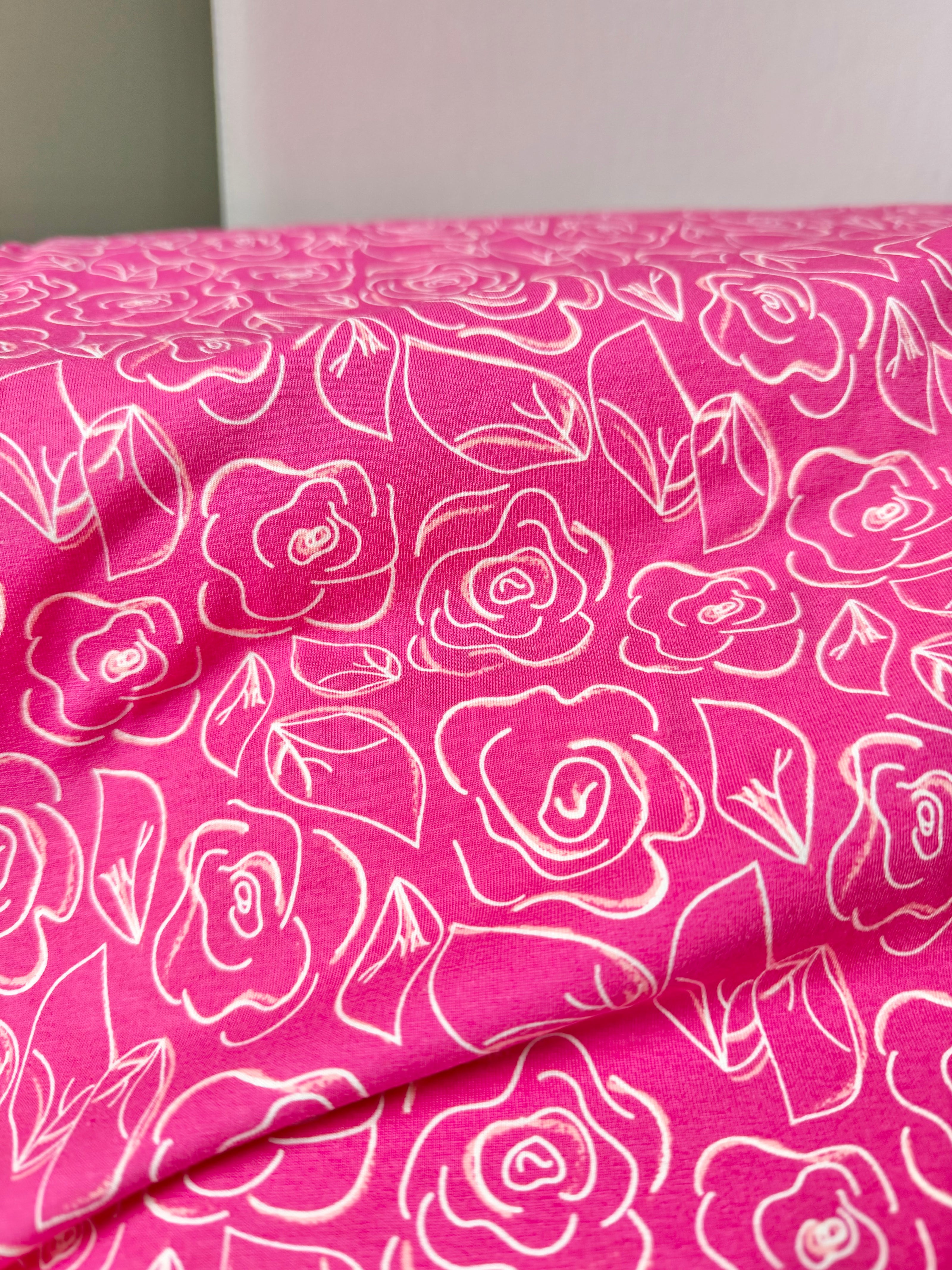 Hot Pink, White Floral Jersey KNIT Cotton Fabric- “Let’s Chalk Joyful”- 58