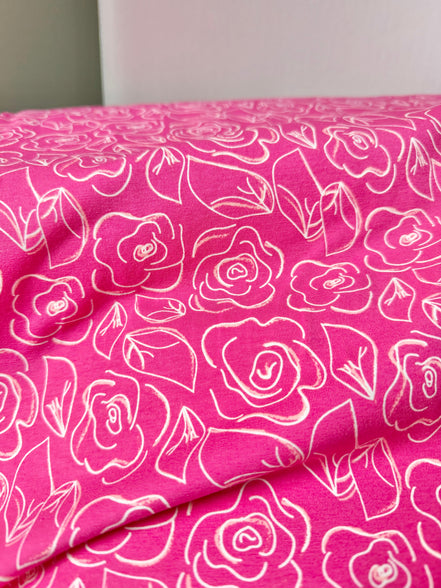 Hot Pink, White Floral Jersey KNIT Cotton Fabric- “Let’s Chalk Joyful”- 58"