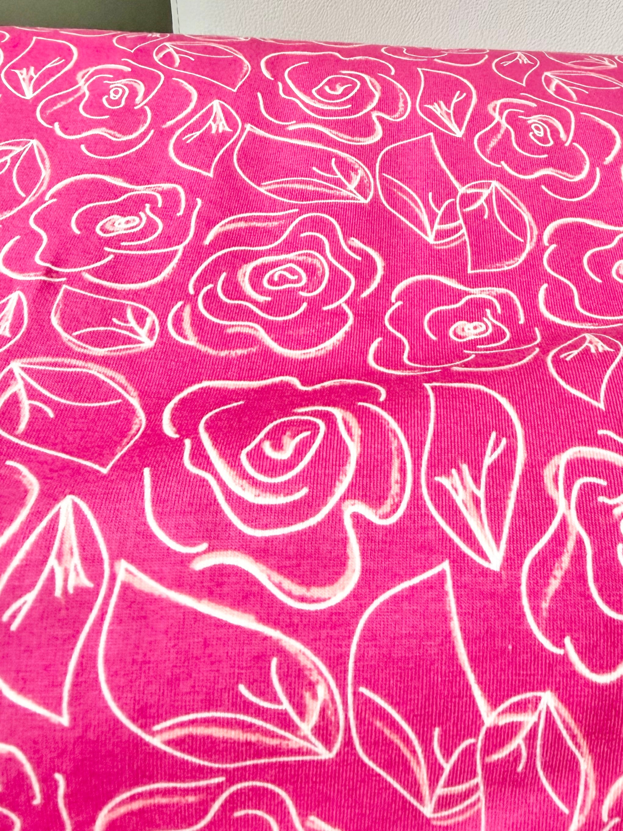 Hot Pink, White Floral Jersey KNIT Cotton Fabric- “Let’s Chalk Joyful”- 58