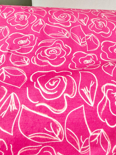 Hot Pink, White Floral Jersey KNIT Cotton Fabric- “Let’s Chalk Joyful”- 58"