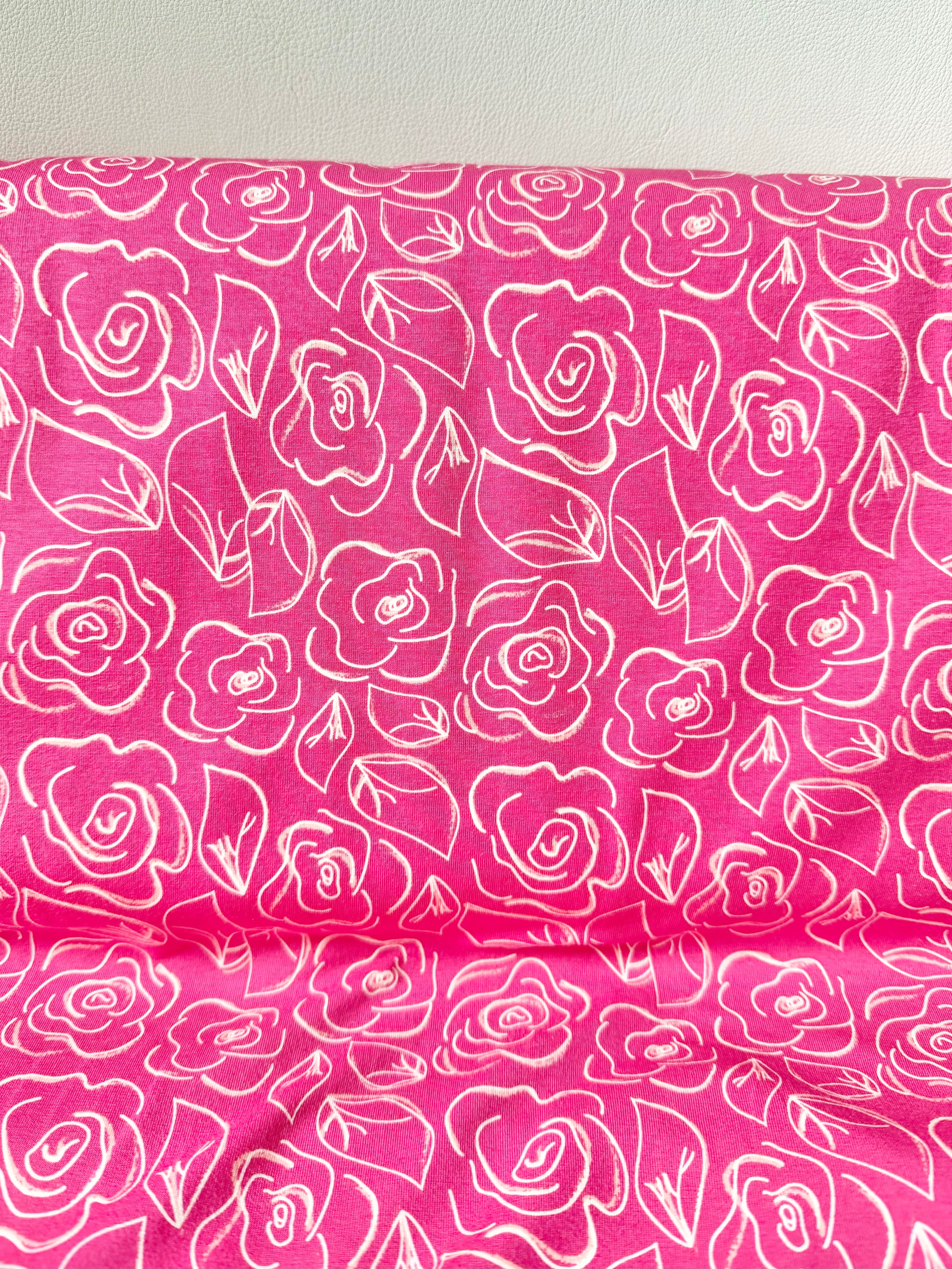 Hot Pink, White Floral Jersey KNIT Cotton Fabric- “Let’s Chalk Joyful”- 58