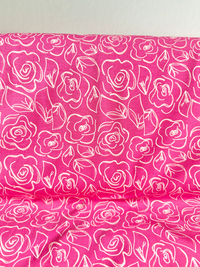 Hot Pink, White Floral Jersey KNIT Cotton Fabric- “Let’s Chalk Joyful”- 58"