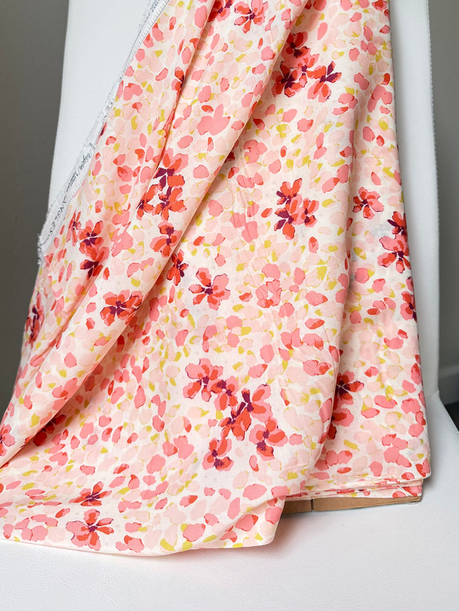 Pink, Red, Chartreuse on Cream “Jasmine Afresh" Rayon Challis Fabric- 56” Wide- Art Gallery Fabrics