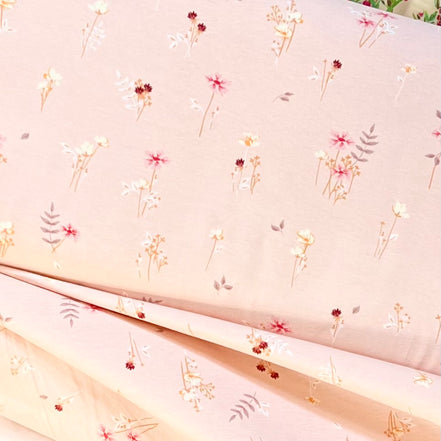 Fuchsia, Cream, Smokey Purple and Pale Pink Floral Jersey Knit Cotton Fabric- "Covent Garden Seven”- Lightweight