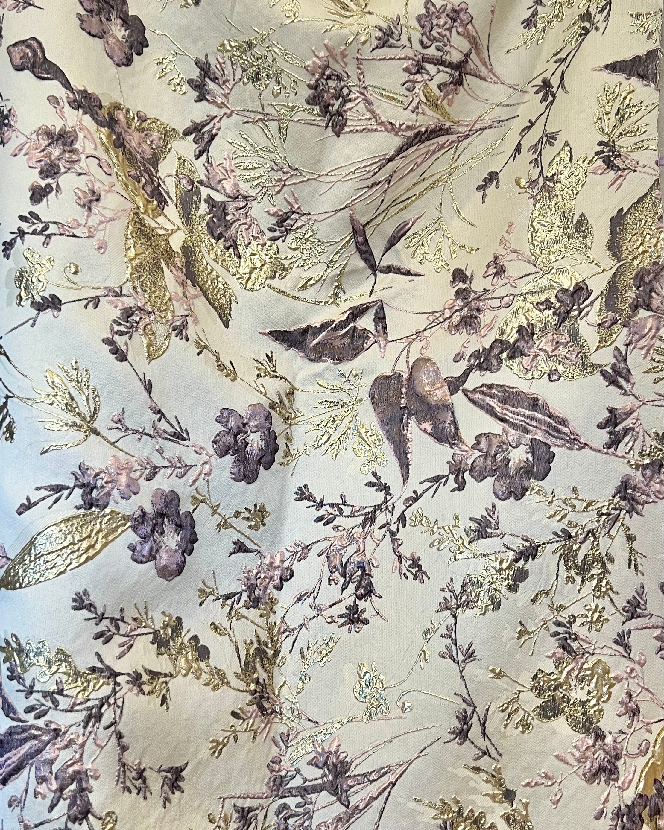 Deep Purple, Pink, Gold Floral on Greige/ Taupe Silk Jacquard/ Cloque Brocade (1731)