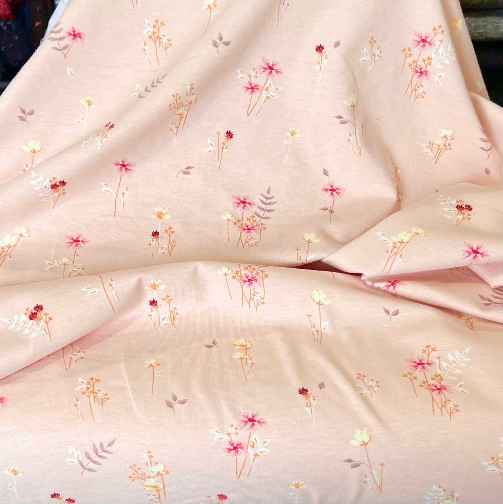 Fuchsia, Cream, Smokey Purple and Pale Pink Floral Jersey Knit Cotton Fabric- 