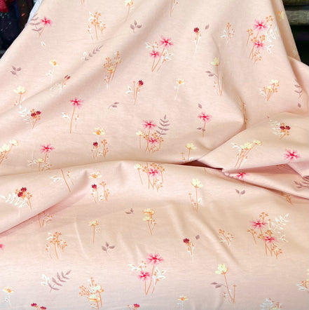Fuchsia, Cream, Smokey Purple and Pale Pink Floral Jersey Knit Cotton Fabric- "Covent Garden Seven”- Lightweight